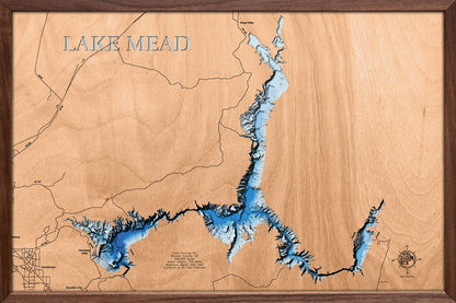 Detailed wooden relief map of Lake Mead in Arizona and Nevada, showcasing its natural beauty.