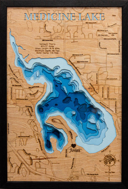 High-definition wooden relief map of 3d Map of Medicine Lake in Hennepin County, MN, handmade for durability.