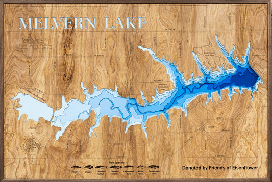 Unique wooden lake map of Melvern Lake in Osage County, KS, featuring intricate depth details.