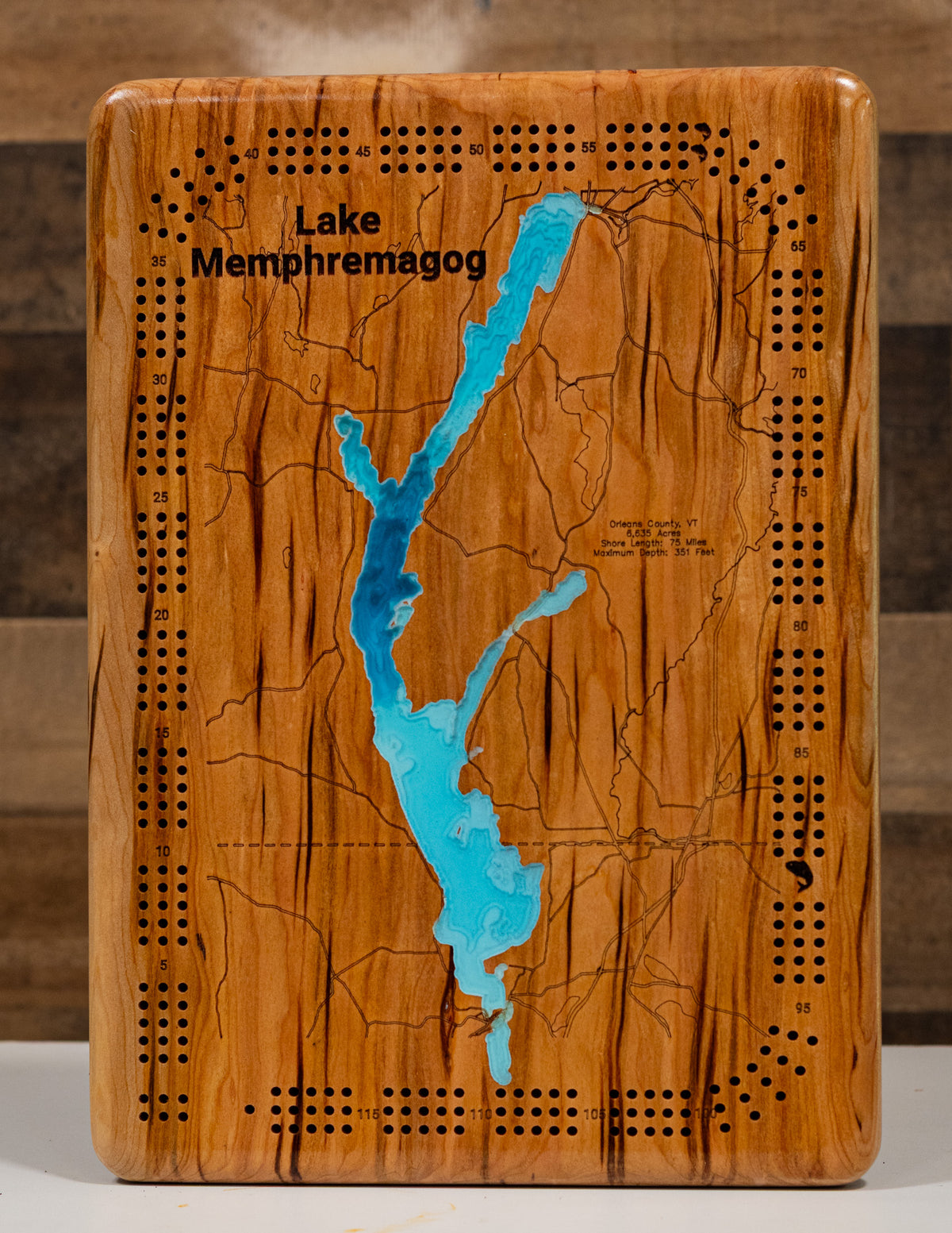 A finely detailed, laser-cut, multi-layered wooden topographic map of Lake Memphremagog spanning Orleans County, Vermont and Quebec, Canada. The intricate design captures the lake's distinctive 31-mile finger-like shape crossing the international border, 75 miles of scenic shoreline with numerous embayments including South Bay, Sargents Bay, and Fitch Bay, dramatic depth contours showing the shallow southern Vermont end contrasting with the 351-foot Canadian depths, and the 21 islands dotting the transbound
