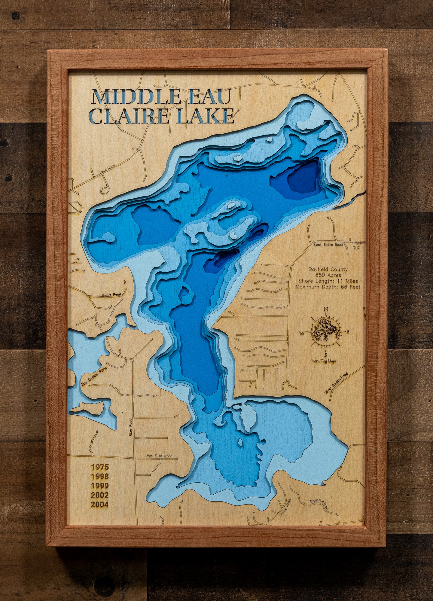 High-definition wooden relief map of Middle Eau Claire Lake in Bayfield County, WI, handmade for durability.
