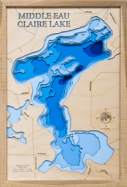 High-definition wooden relief map of Middle Eau Claire Lake in Bayfield County, WI, handmade for durability.