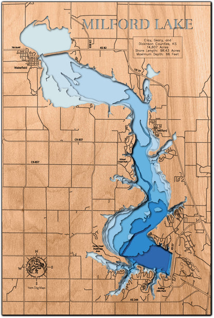 Milford Lake in Geary, Clay, and Dickinson counties, KS engraved wood map, showcasing accurate topographical features.