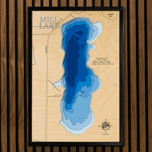 Mill Lake in Todd County, MN engraved wood map, showcasing accurate topographical features.