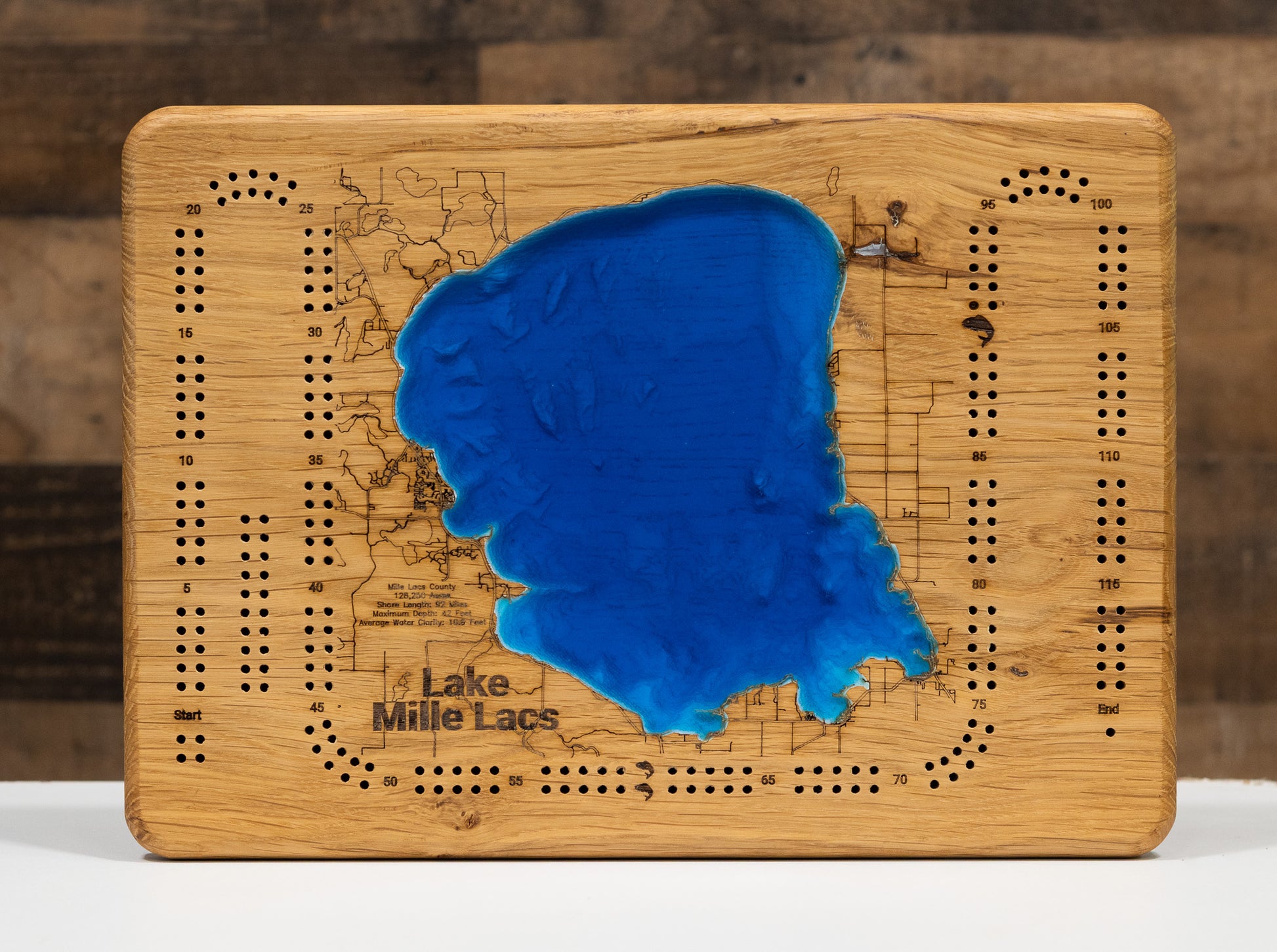 Custom wooden Cribbage Board of Mille Lacs Lake in Mille Lacs County, MN with layered depth highlights.