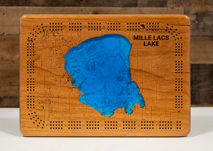 Custom wooden Cribbage Board of Mille Lacs Lake in Mille Lacs County, MN with layered depth highlights.
