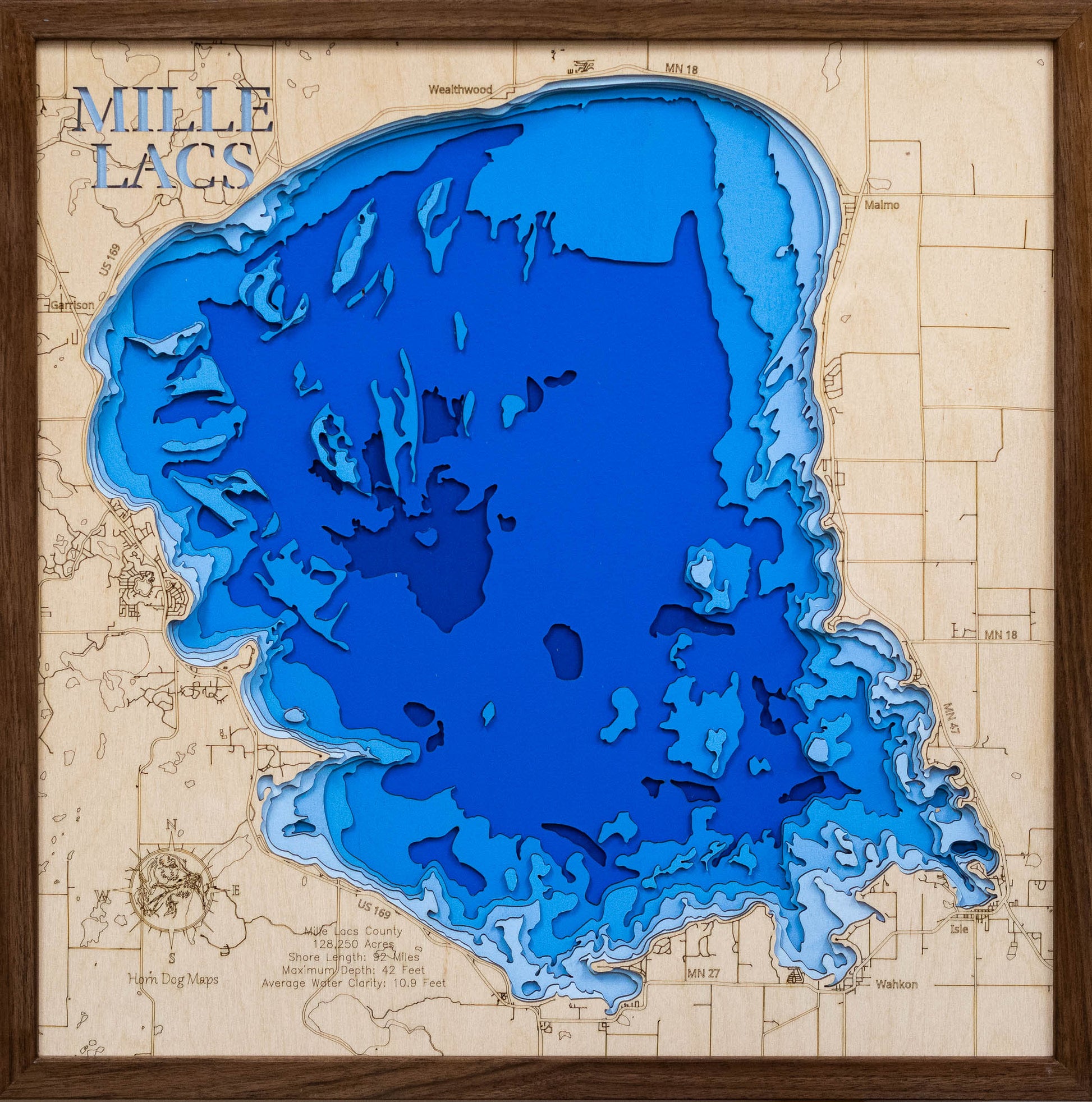 Custom wooden map of Mille Lacs Lake in Mille Lacs County, MN with layered depth highlights.