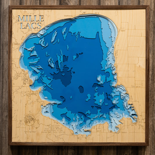 Custom wooden map of Mille Lacs Lake in Mille Lacs County, MN with layered depth highlights.