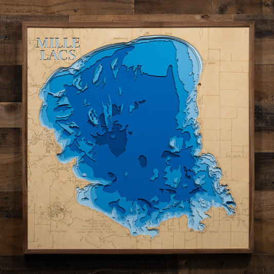 Custom wooden map of Mille Lacs Lake in Mille Lacs County, MN with layered depth highlights.