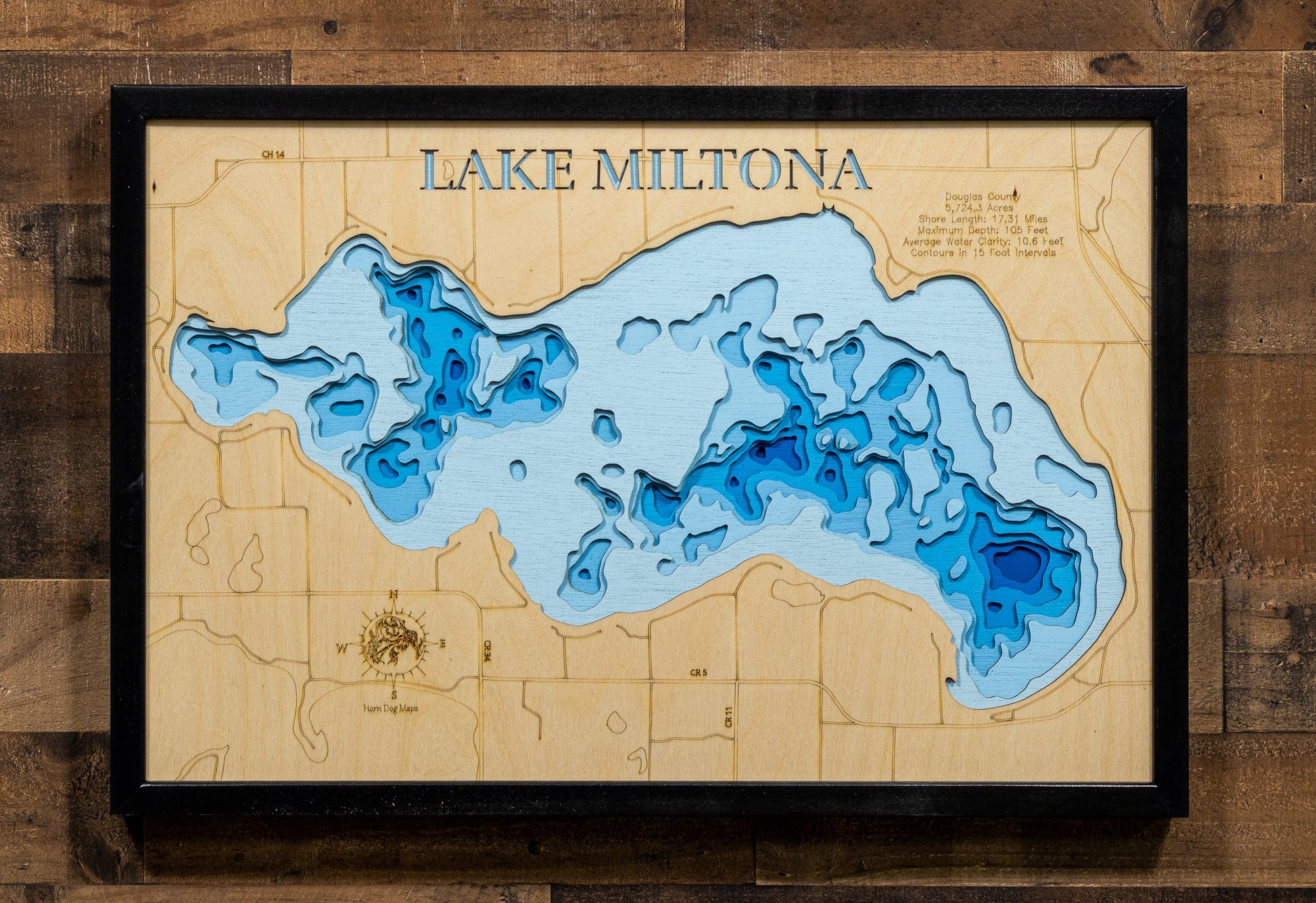 Detailed wooden relief map of 3d Depth map of Lake Miltona in Douglas County, Minnesota , showcasing its natural beauty.