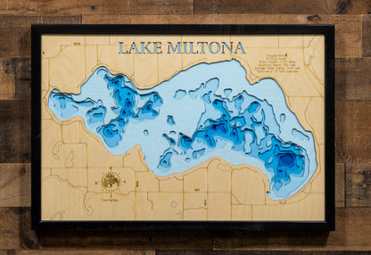 Detailed wooden relief map of 3d Depth map of Lake Miltona in Douglas County, Minnesota , showcasing its natural beauty.