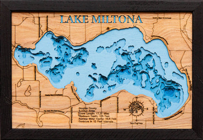 Detailed wooden relief map of 3d Depth map of Lake Miltona in Douglas County, Minnesota , showcasing its natural beauty.