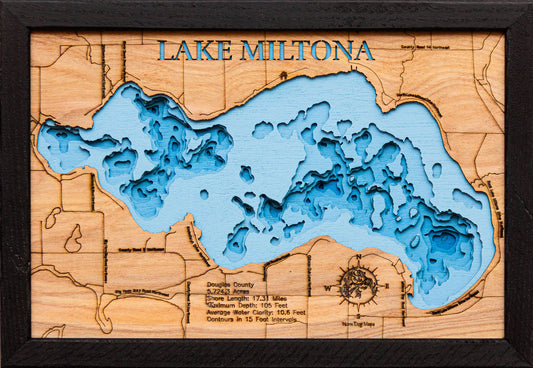 Detailed wooden relief map of 3d Depth map of Lake Miltona in Douglas County, Minnesota , showcasing its natural beauty.