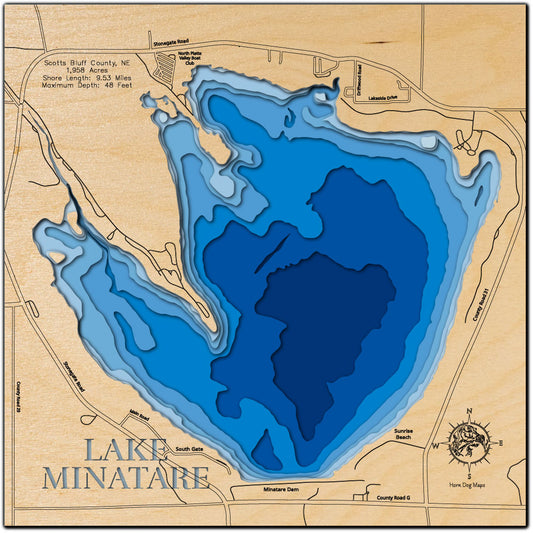 Lake Minatare in Scotts Bluff County, NE custom 3D wood map, perfect for home decor and gifts.