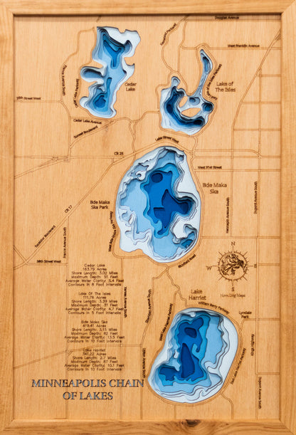 Minneapolis Chain of Lakes in Hennepin County, MN in stunning 3D wood map design, with detailed topography.