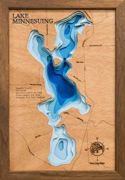 High-definition wooden relief map of Lake Minnesuing in Douglas County, WI, handmade for durability.