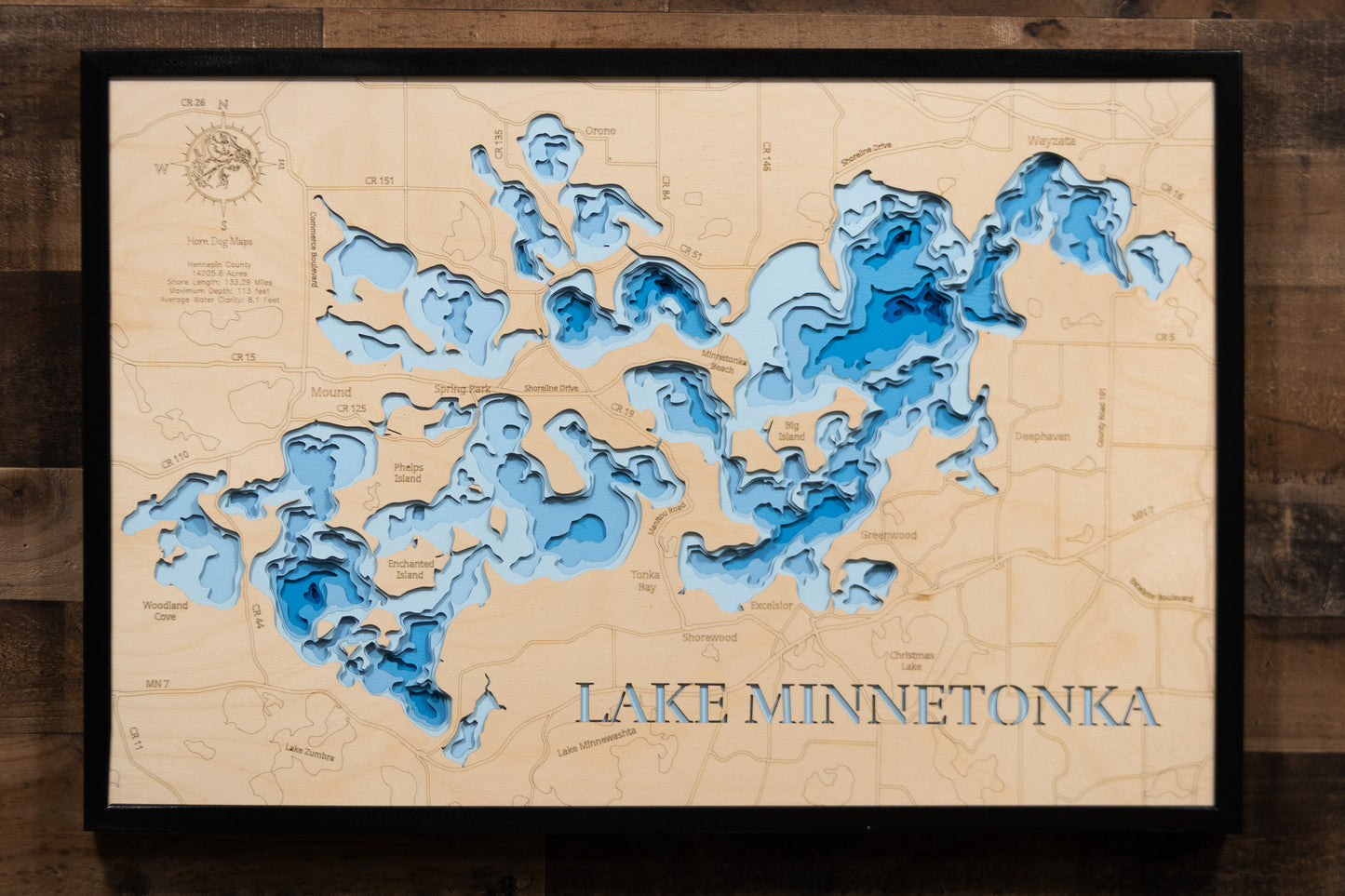 Handcrafted 3D wood map of Lake Minnetonka in Hennepin County, MN, ideal for lake enthusiasts.