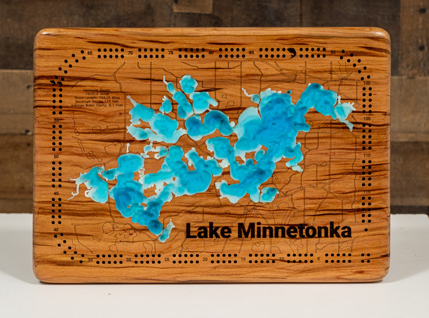 Handcrafted 3D wood map of Lake Minnetonka in Hennepin County, MN, ideal for lake enthusiasts.