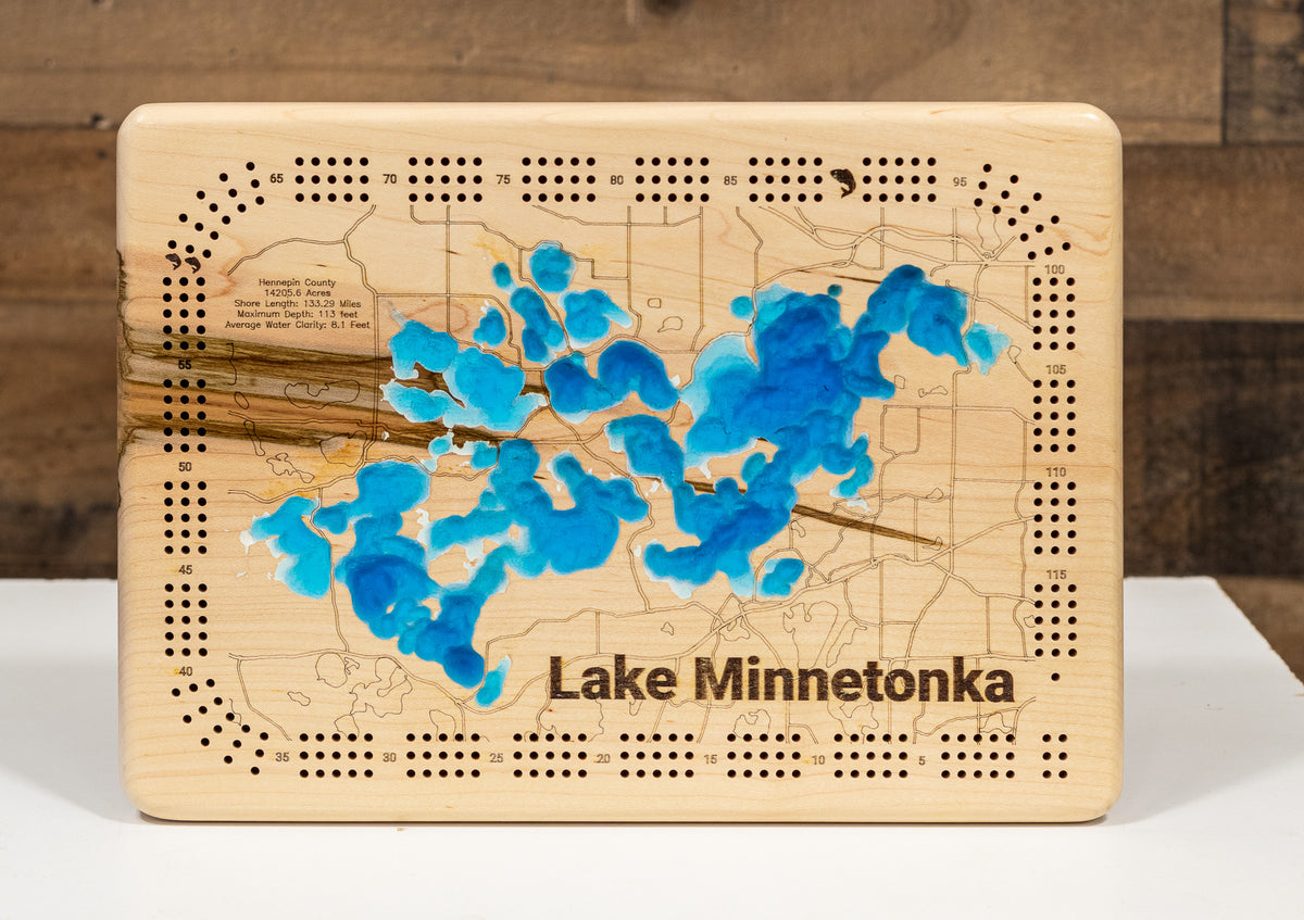 Handcrafted 3D wood map of Lake Minnetonka in Hennepin County, MN, ideal for lake enthusiasts.