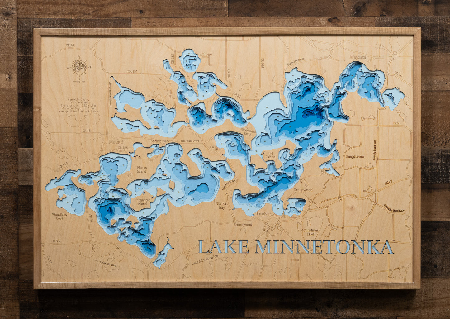 Handcrafted 3D wood map of Lake Minnetonka in Hennepin County, MN, ideal for lake enthusiasts.