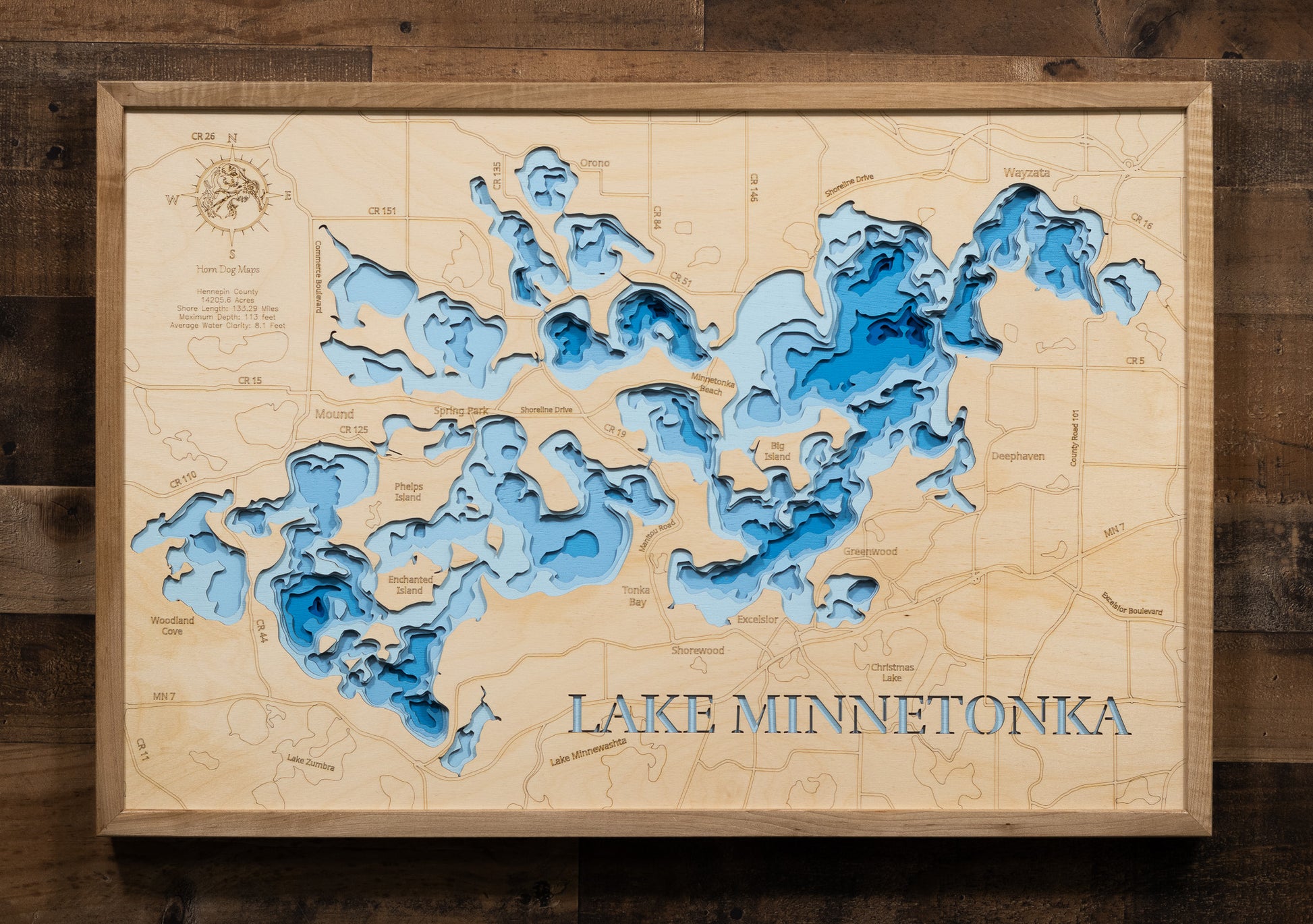 Handcrafted 3D wood map of Lake Minnetonka in Hennepin County, MN, ideal for lake enthusiasts.