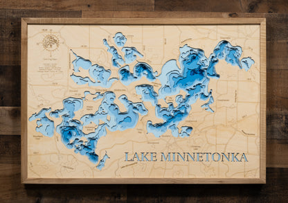 Handcrafted 3D wood map of Lake Minnetonka in Hennepin County, MN, ideal for lake enthusiasts.