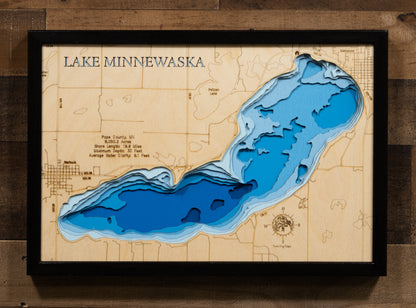 Unique wooden lake map of Lake Minnewaska in Pope County, MN, featuring intricate depth details.