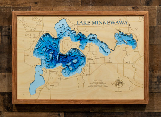 High-definition wooden relief map of Lake Minnewawa in Aitkin County, MN, handmade for durability.