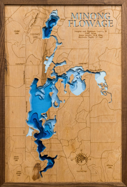 Minong Flowage in Douglas and Washburn Counties, WI in stunning 3D wood map design, with detailed topography.