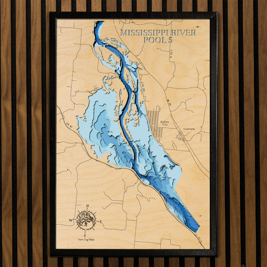 Custom wooden map of Pool 5 of the Mississippi River in Minnesota and Wisconsin with layered depth highlights.
