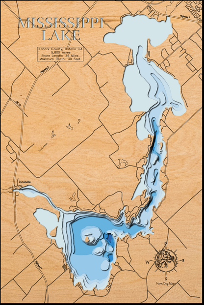 Unique wooden lake map of Mississippi Lake in Lanark County, ON, featuring intricate depth details.