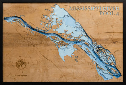 Custom wooden map of Pool 4 of the Mississippi River in Wabasha County, MN and Buffalo County, WI with layered depth highlights.