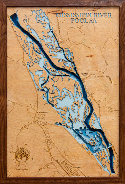 Mississippi River - Pool 5a in Minnesota and Wisconsin 3D depth map, laser cut from high-quality wood.