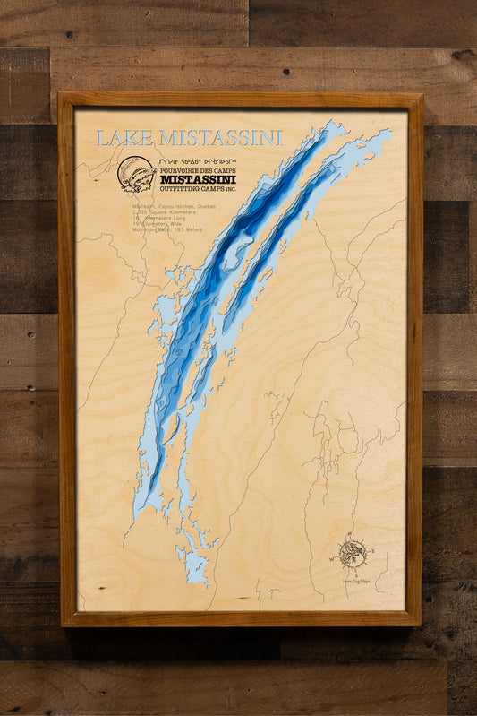 Handcrafted 3D wood map of Lake Mistassini in Quebec, Canada, ideal for lake enthusiasts.