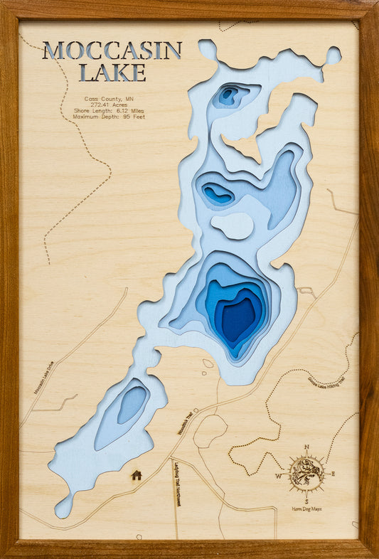 Artisanally carved wooden lake map of Moccasin Lake in Cass County, MN, highlighting bathymetry.