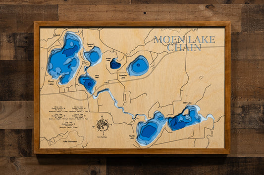 A highly detailed, laser-cut, and multi-layered wooden map of the Moen Lake Chain in Oneida County, Wisconsin. The map showcases all five interconnected lakes—Moen, Second, Third, Fourth, and Fifth—linked by the Pelican River, with depth contours highlighting the varying shallow depths from 9 to 14 feet across the 1,100-acre chain system.