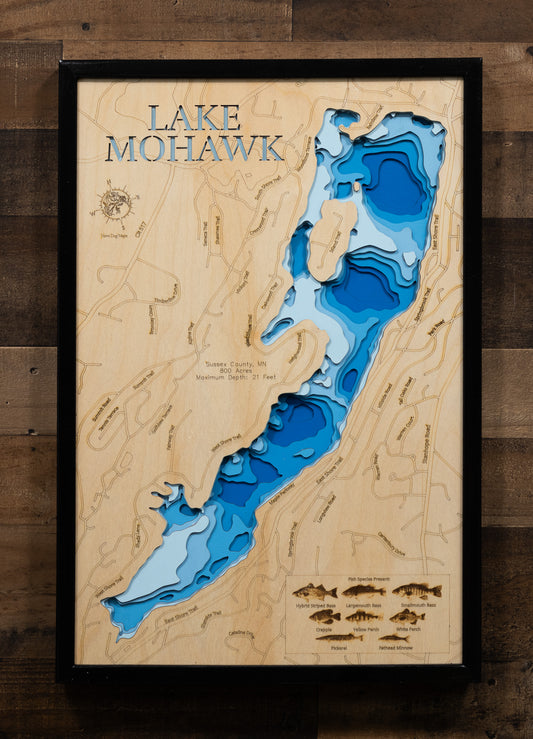 Artisanally carved wooden lake map of Lake Mohawk in Sussex County, NJ, highlighting bathymetry.