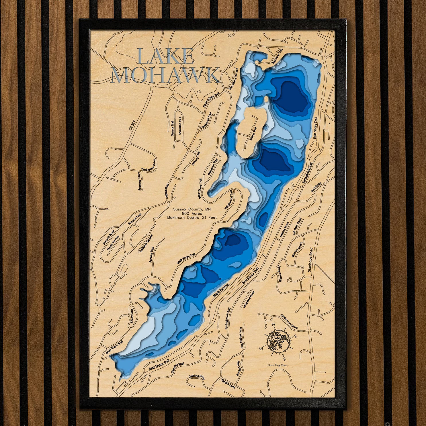 Artisanally carved wooden lake map of Lake Mohawk in Sussex County, NJ, highlighting bathymetry.