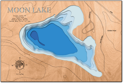 Moon Lake in Douglas County, MN 3D depth map, laser cut from high-quality wood.