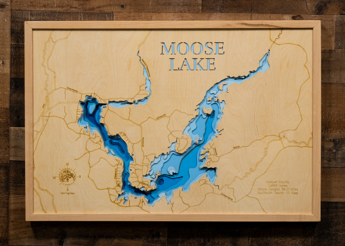 Moose Lake in Sawyer County, WI 3D depth map, laser cut from high-quality wood.