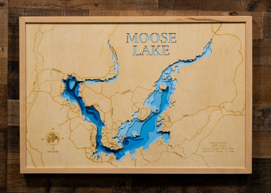 Moose Lake in Sawyer County, WI 3D depth map, laser cut from high-quality wood.