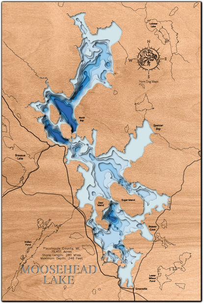 Unique wooden lake map of Moosehead Lake in Piscataquis County, ME, featuring intricate depth details.