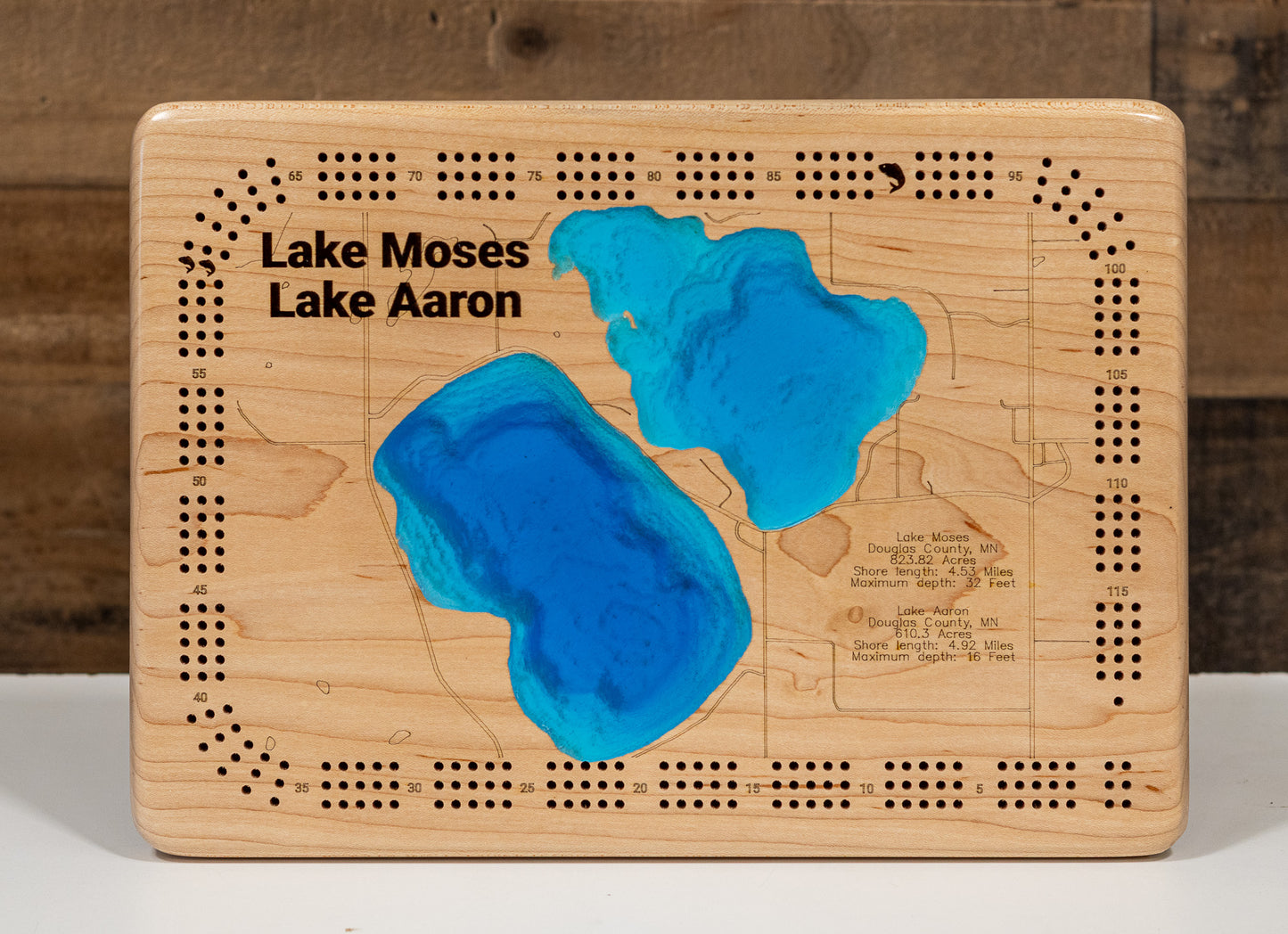 3D wooden lake map of Lake Moses in Douglas County, MN , showcasing detailed depth layers and contours.