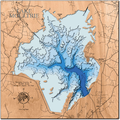 Custom wooden map of Lake Moultrie in Berkeley County, SC with layered depth highlights.