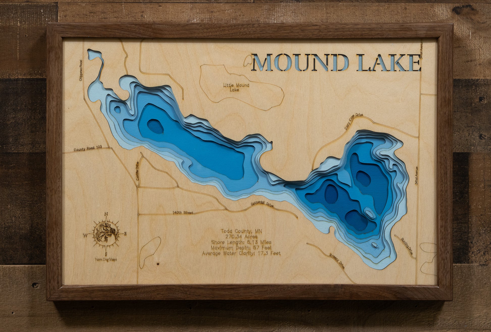 Custom wooden map of Mound Lake in Todd County, MN with layered depth highlights.