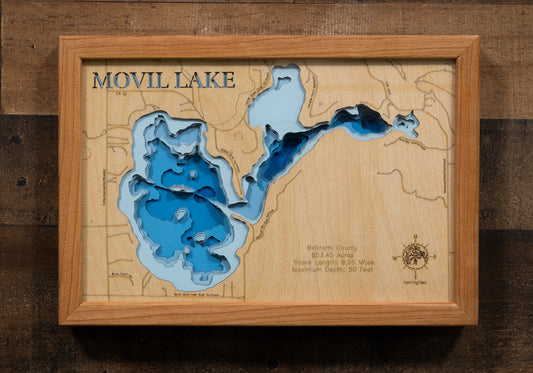 Custom wooden map of 3d Map of Movil Lake in Beltrami County, MN with layered depth highlights.