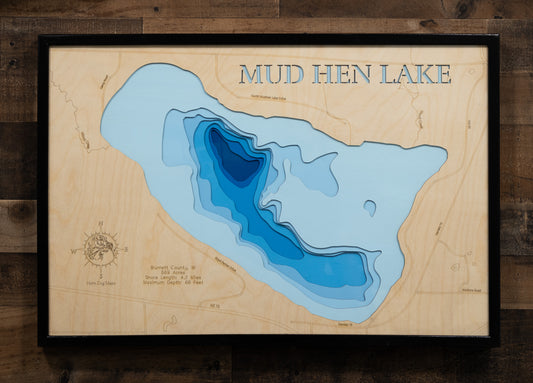 Unique wooden lake map of Mud Hen Lake in Burnett County, WI, featuring intricate depth details.