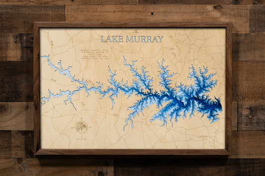 Custom wooden map of Lake Murray in SC with layered depth highlights.