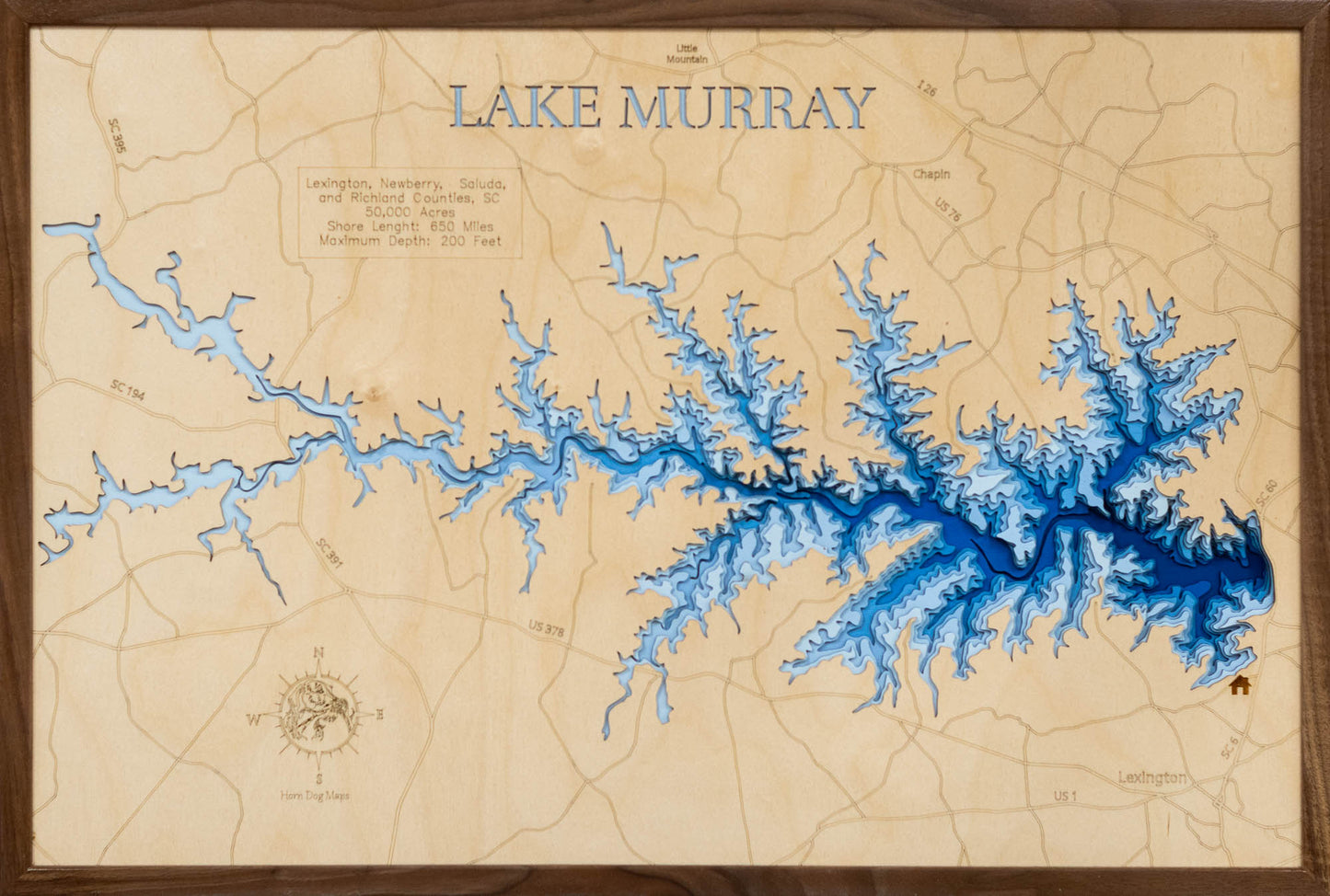 Custom wooden map of Lake Murray in SC with layered depth highlights.