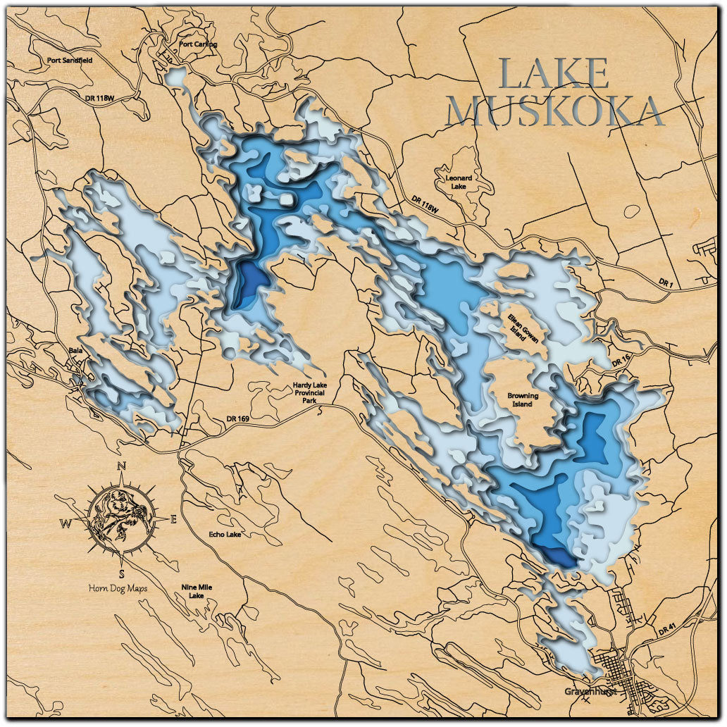 Unique wooden lake map of Lake Muskoka in Ontario, Canada, featuring intricate depth details.